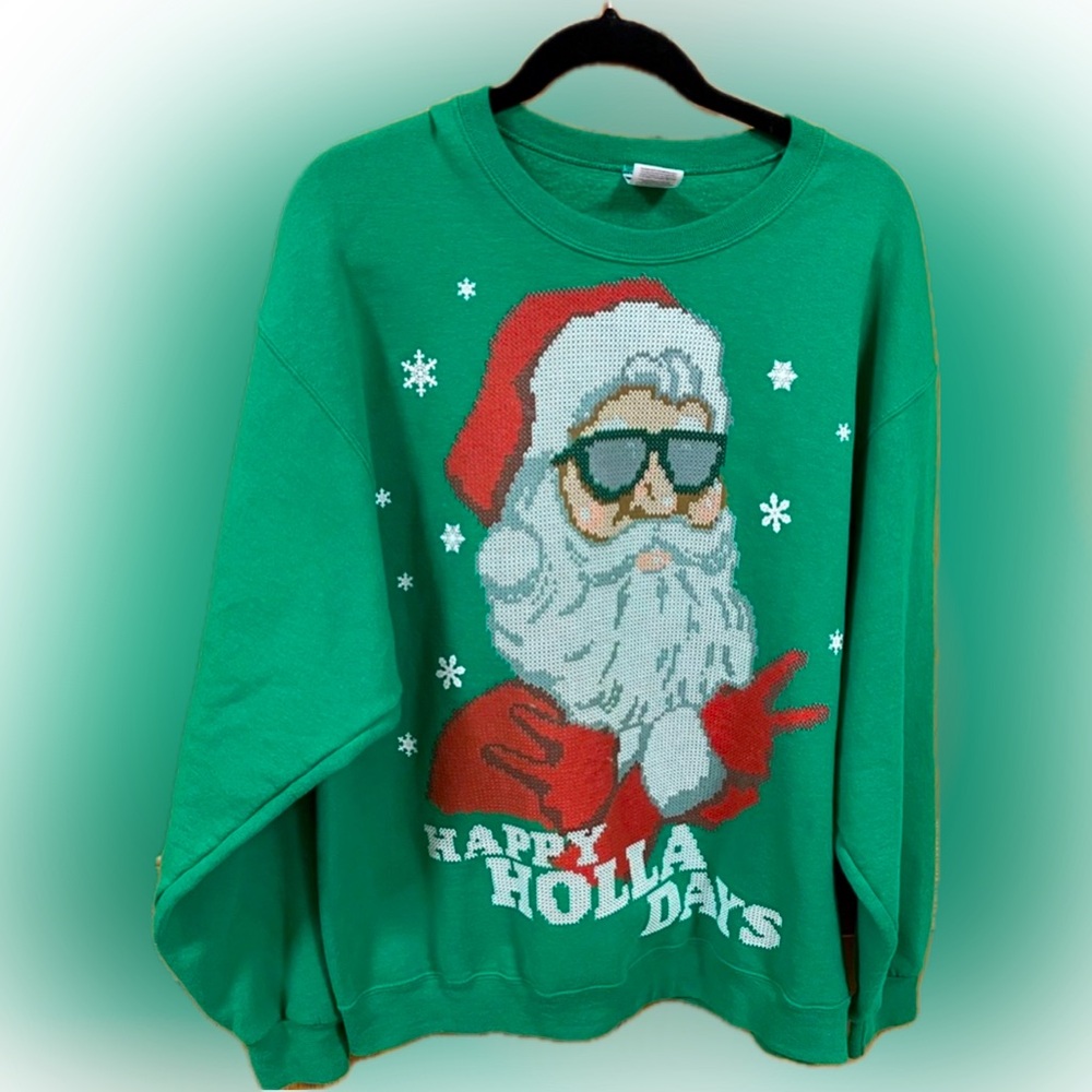 Jerzees Groovy Santa “Happy HOLLAdays ✌🏼” Sweatshirt, Kelly Green, Size L, NWOT